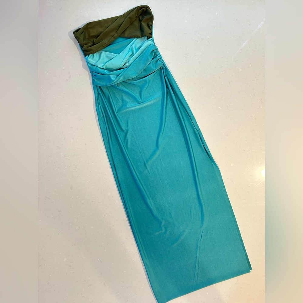 Blue and Green midi length dress with bodice cutouts